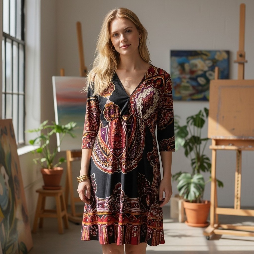 Earthy Dark Academia Paisley Teacher Dress Black Burgundy Orange 3/4 Sleeve  L